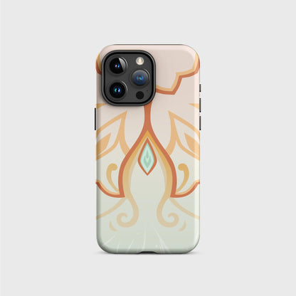 A tough iPhone Case featuring a design inspired in the jade golden carp, using orange lines that harmonise with the beige to soft green gradient on the background.