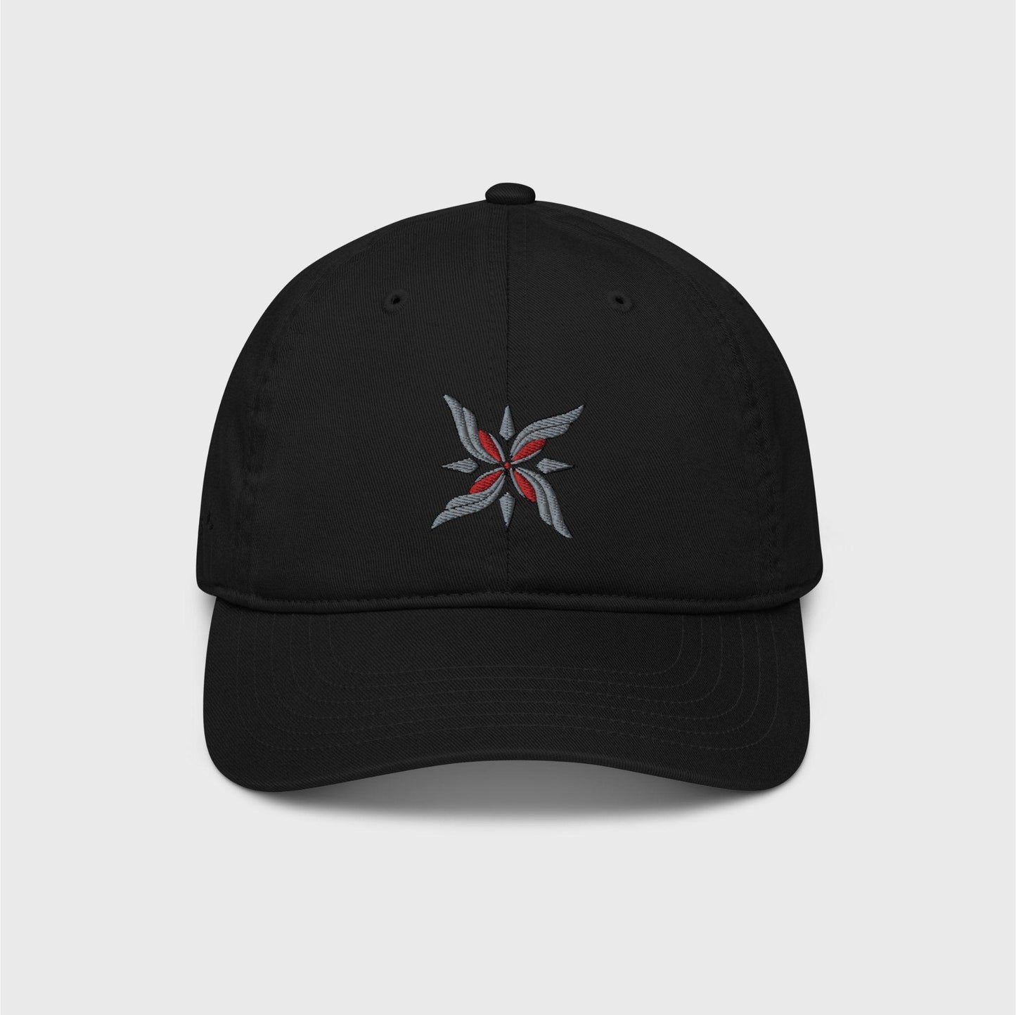 A black classic cap featuring an embroidered logo of Arlecchino's Sigil - four winged grey shapes make a cross with a red jewel imbued on each, lined in black.