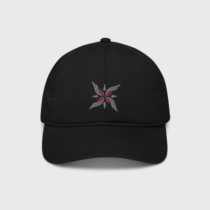 A black classic cap featuring an embroidered logo of Arlecchino's Sigil - four winged grey shapes make a cross with a red jewel imbued on each, lined in black.