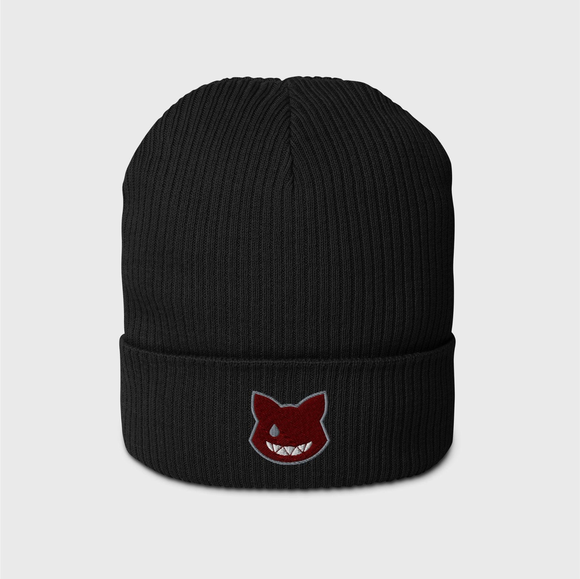 A black ribbed beanie featuring an embroidered wine red logo shaped as a cat’s head, lined in grey, showing only a left grey eye the shape of a water drop and a fanged white smile.