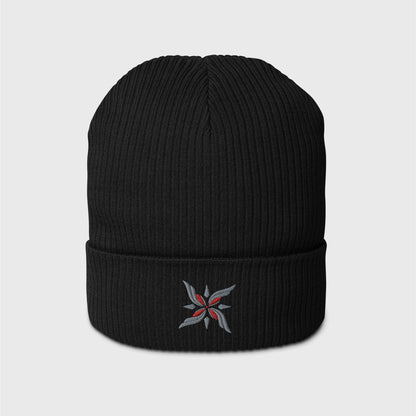 A black ribbed beanie featuring an embroidered logo of Arlecchino's Sigil - four winged grey shapes make a cross with a red jewel imbued on each, lined in black 