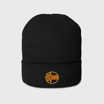 Black ribbed beanie featuring an embroider logo of Chevreuse ability in orange with yellow lines surrounded by a gold circle frame