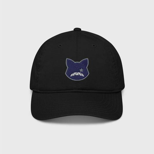 A classic black cap featuring an embroidered navy logo shaped as a cat’s head, lined in grey, showing only a right grey eye the shape of a star and a upside down fanged white smile.