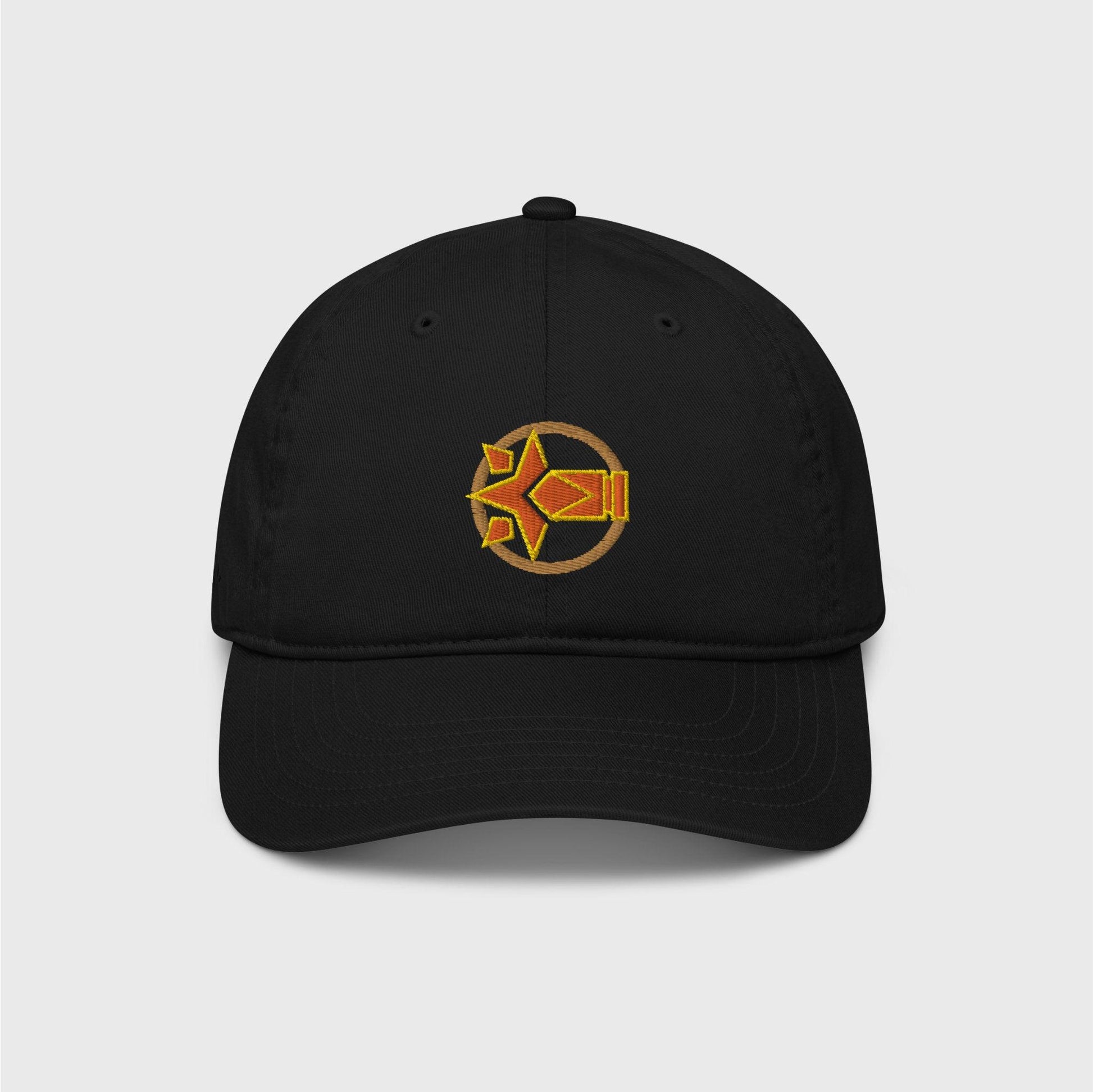 A classic black cap featuring an embroider logo of Chevreuse ability in orange with yellow lines surrounded by a gold circle frame.