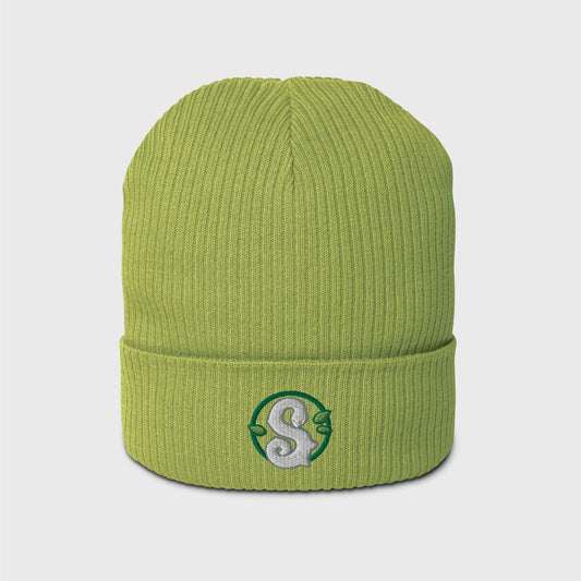 A bright leaf green ribbed beanie featuring a round dark green frame enclosing a white snake in the shape of an S in the centre. Three small green leaves ornament the frame around the snake.