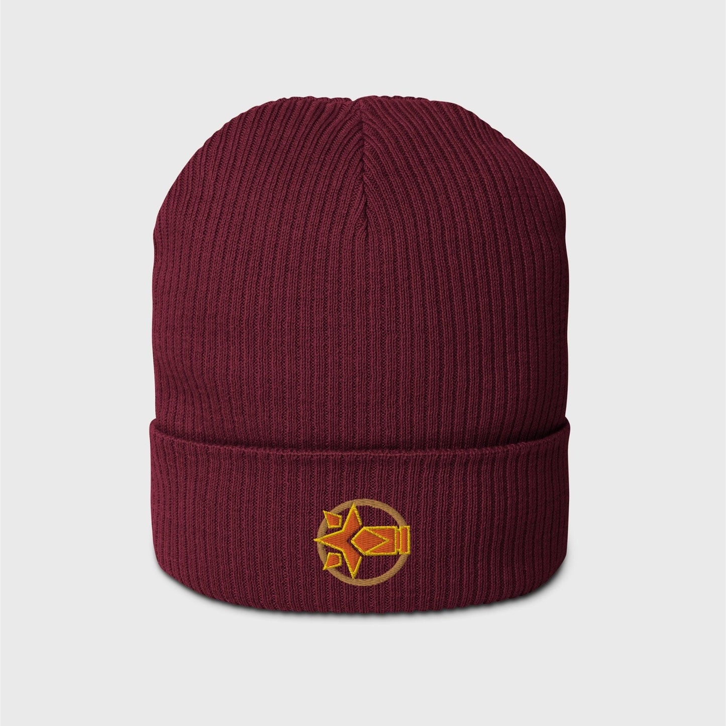 Wine red ribbed beanie featuring an embroider logo of Chevreuse ability in orange with yellow lines surrounded by a gold circle frame