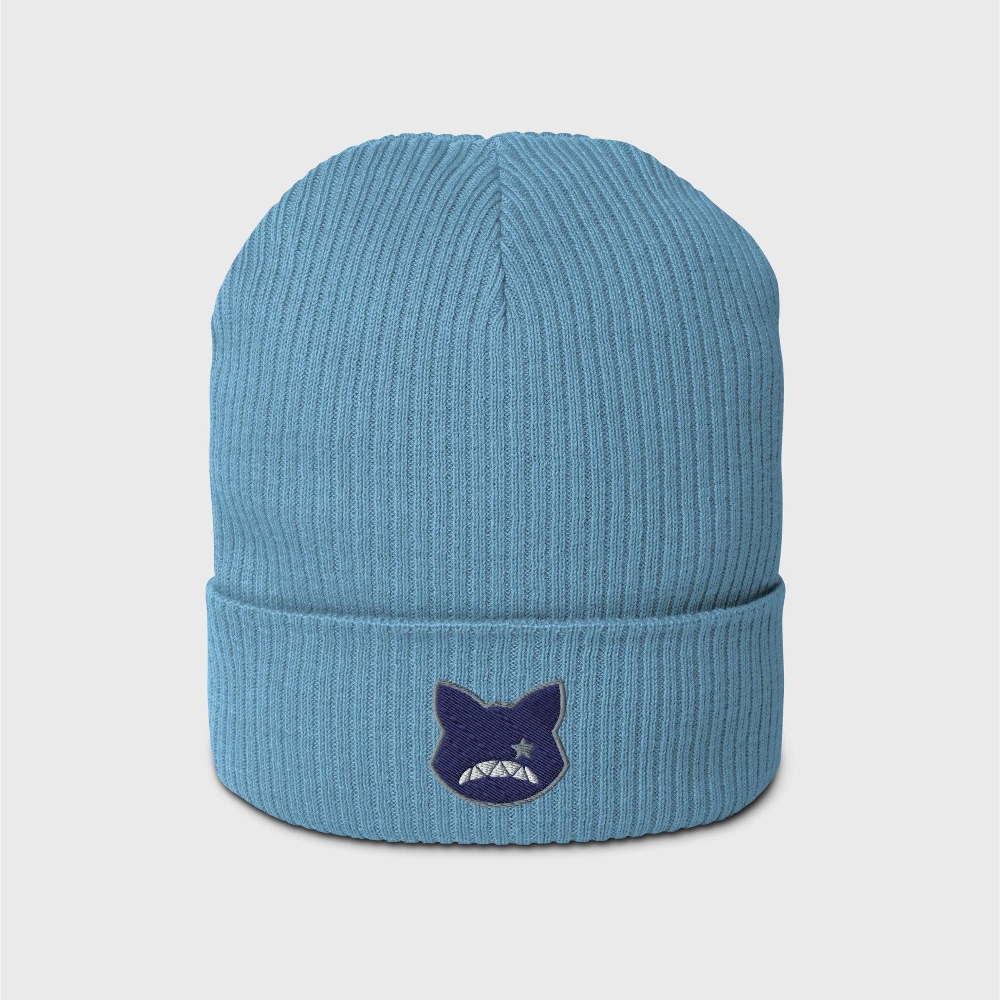 A light blue ribbed beanie featuring an embroidered navy logo shaped as a cat’s head, lined in grey, showing only a right grey eye the shape of a star and a upside down fanged white smile