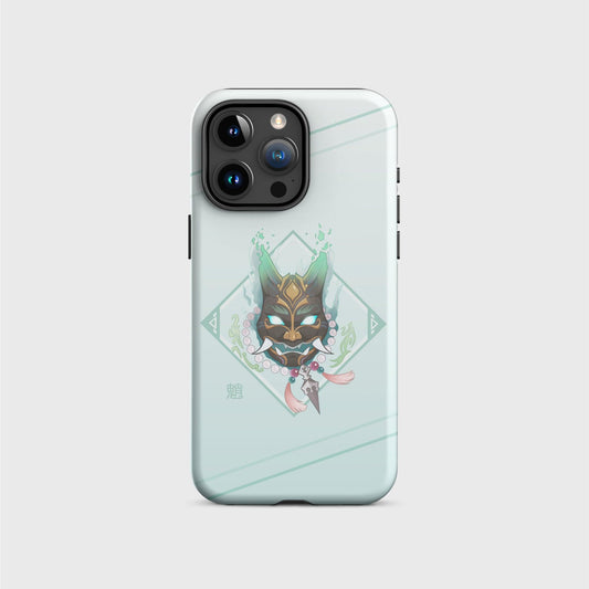 A mint green iPhone case with a gradient going from darker on the top to brighter on the bottom, featuring Xiao’s mask and accessories surrounded by a soft diamond shape frame. His name shows in gold Chinese characters at the bottom left of the design. Soft green lines cross the top and bottom of the case diagonally.