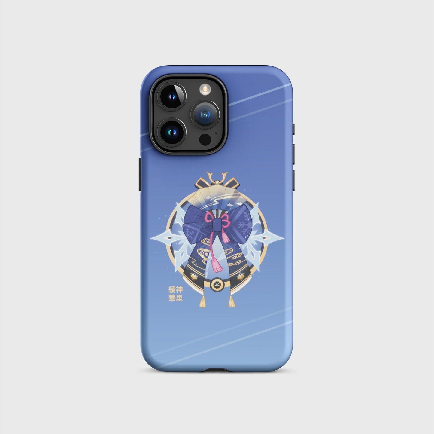 A iPhone tough case with a blue gradient going from darker on the top to brighter on the bottom, featuring a round design with Ayaka's bow centred in front of two big snowflakes that come out of the sides. Her fan comes behind the bow on the top and all elements are enveloped in a golden circle with outfit elements. Her name is in gold Japanese characters at the bottom left of the design.