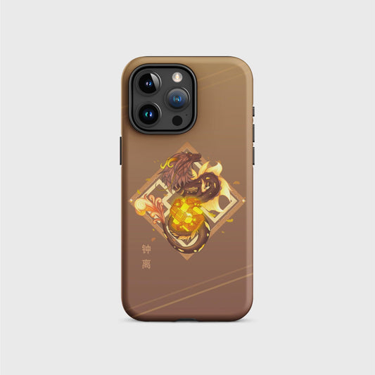 A golden brown iPhone case with a gradient going from darker on the top to brighter on the bottom, featuring the archon’s brown dragon form wrapped around a meteor. The dragon is in front of a diamond shaped frame and sigil with yellow leaves falling around him. His name shows in gold Chinese characters at the bottom left of the design. Soft yellow lines cross the top and bottom of the case diagonally.