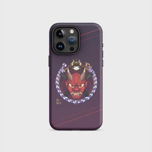 An iPhone case with a dark purple gradient going from darker on the top to brighter on the bottom, featuring a round design with a red oni mask in the center and a frame made of Itto’s outfit details and abilites. His name shows in gold Japanese characters at the bottom left of the design. Soft red lines cross the top and bottom of the case diagonally.