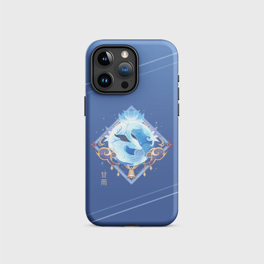 Blue Tough iPhone Case standing up, featuring a cantered diamond design inspired by Ganyu's burst and outfit. Her round burst is in the centre, crowned by an ice lotus at the top and surrounded with gold and blue elements of Ganyu's outfit on the bottom half. Her name is displayed on the bottom left corner of the design in small Chinese characters.