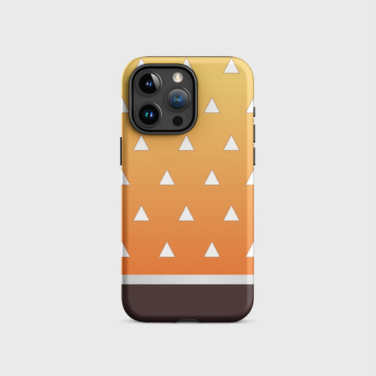 A tough iPhone case featuring Zenitsu’s yellow kimono pattern filled with white triangules. A white division 3/4 vertically from the bottom separates the pattern from a brown base.