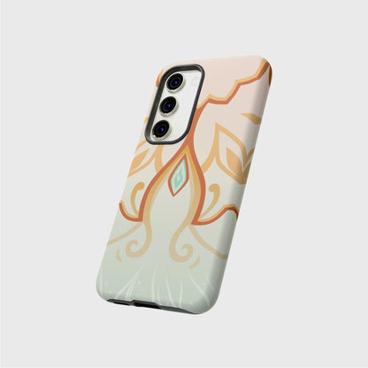 A tough Samsung Case featuring a design inspired in the jade golden carp, using orange lines that harmonise with the beige to soft green gradient on the background.