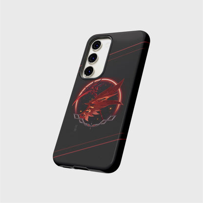 Samsung Tough Case in Black featuring a design inspired by Arlecchino, with a red wing and a red scythe crossed in the middle of a crimson black eclipse background with grey links framing the bottom half. Her name is written vertically in Japanese on the left bottom side of the logo in small characters.