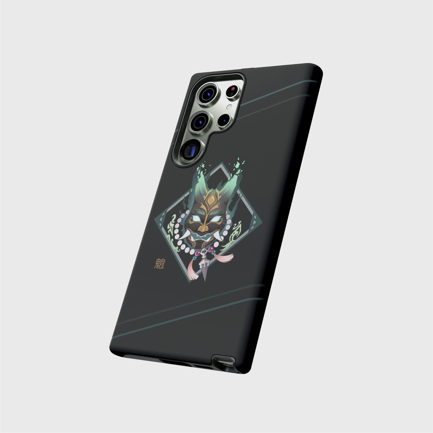 A black Samsung case  with a gradient going from darker on the top to brighter on the bottom, featuring Xiao’s mask and accessories surrounded by a soft diamond shape frame. His name shows in gold Chinese characters at the bottom left of the design. Soft green lines cross the top and bottom of the case diagonally.