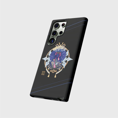 A Samsung tough case with a soft black gradient going from darkeron the top to brighter on the bottom, featuring a round design with Ayaka's bow centred in front of two big snowflakes that come out of the sides. Her fan comes behind the bow on the top and all elements are enveloped in a golden circle with outfit elements. Her name is in gold Japanese characters at the bottom left of the design.