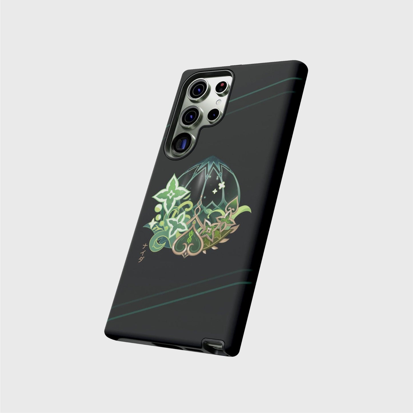 A black Samsung case with a gradient going from darker on the top to brighter on the bottom, featuring a round logo based on Nahida’s abilities with gold and green plant elements on the inside. Her name shows in gold Japanese characters at the bottom left of the design. Soft green lines cross the top and bottom of the case diagonally.