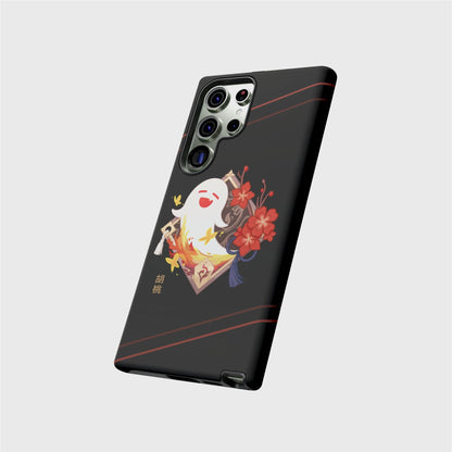 A Samsung tough case with a black gradient going from darker on the top to brighter on the bottom, featuring a diamond shaped design with Hu tao's friendly ghost coming out of flames. Yellow butterflies and red flowers surround the gold frame. Her name shows in gold Chinese characters at the bottom left of the design. Soft red lines cross the top and bottom of the case diagonally.