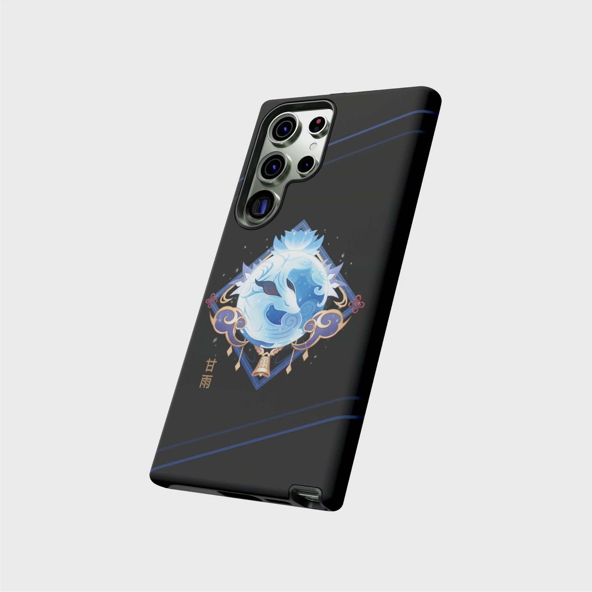 Black Tough Samsung Case, featuring a cantered diamond design inspired by Ganyu's burst and outfit. Her round burst is in the centre, crowned by an ice lotus at the top and surrounded with gold and blue elements of Ganyu's outfit on the bottom half. Her name is displayed on the bottom left corner of the design in small Chinese characters.