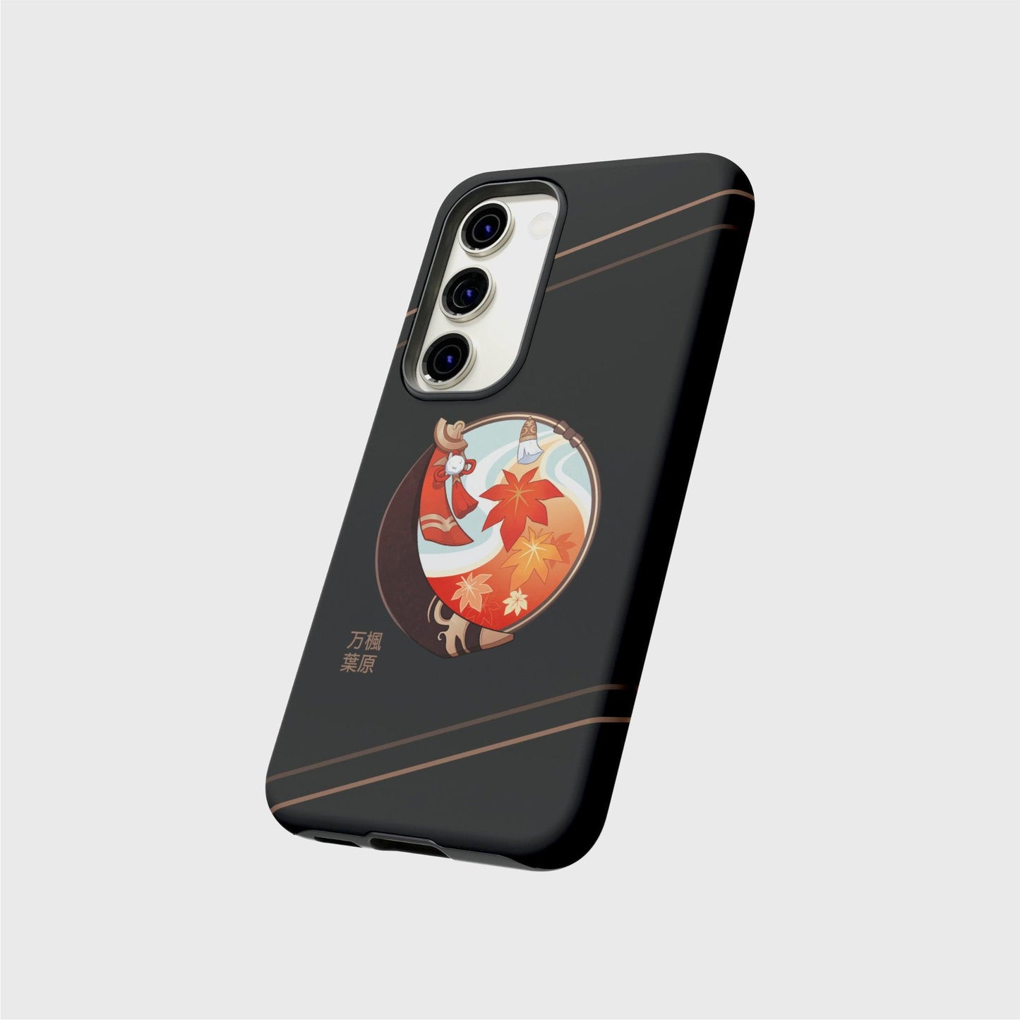 A black Samsung phone case and a black iPhone case featuring a round design with Kazuha's abilities and outfit elements such as his brown scarf and orange and yellow maple leaves on a soft air current background. His name is in gold Japanese characters on the bottom left of the design.