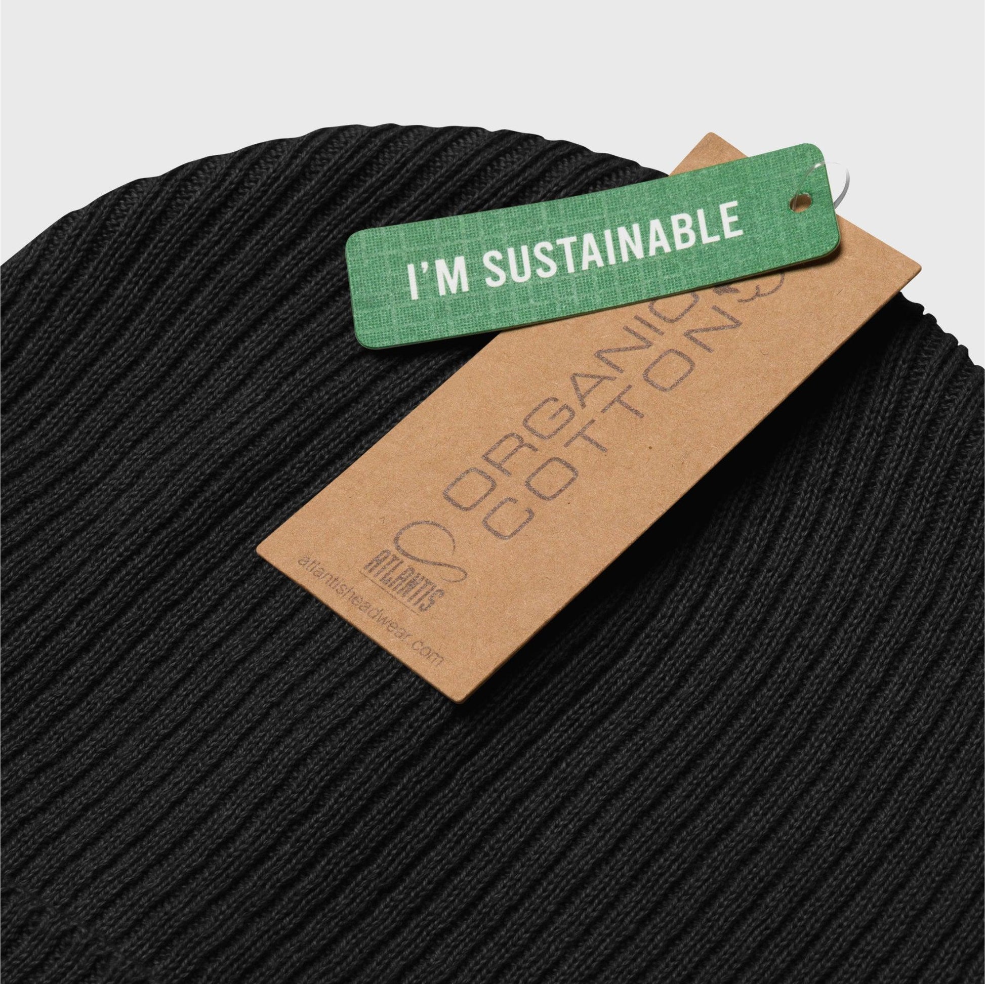 A close-up detailed picture of the hoodie show a green tag saying "I'm sustainable" and another cardboard tag saying "Organic Cotton”