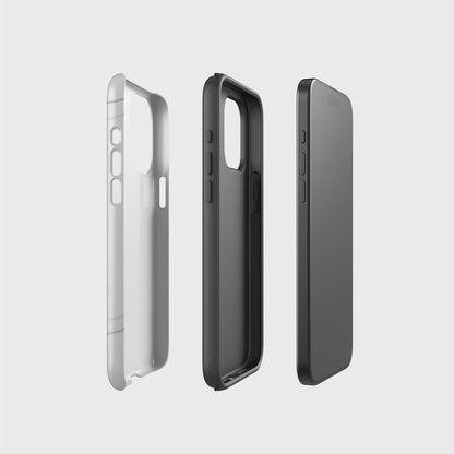 The different layers of the tough case are floating apart from each other, showing the phone on the right, then the TPU layer in the middle, that wraps around the phone and at the left, the Tough layer that clicks into the middle layer and where the design is showed.