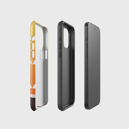 A side picture of the two phone case layers and phone, side by side, showing the base layer that contains the printed design, the thought black layer that gives impact protection and the phone.