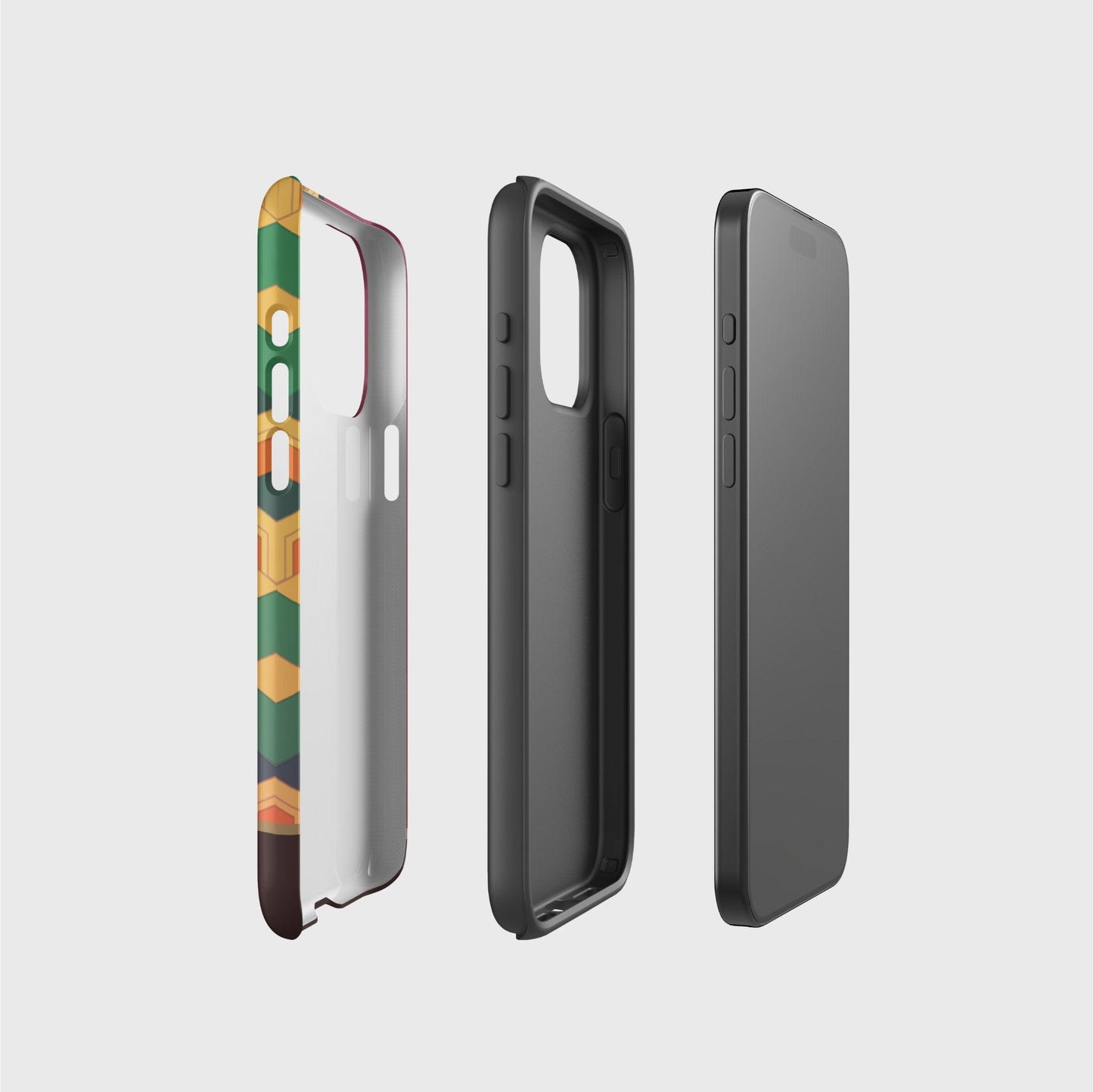 A side picture of the two phone case layers and phone, side by side, showing the base layer that contains the printed design, the thought black layer that gives impact protection and the phone.