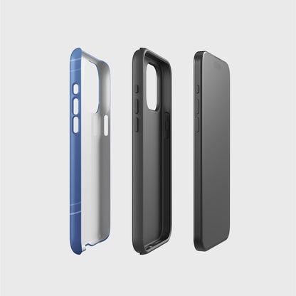 A side picture of the two phone case layers and phone, side by side, showing the tough layer that contains the printed design, the TPU lined layer that gives impact protection and the phone at the end.