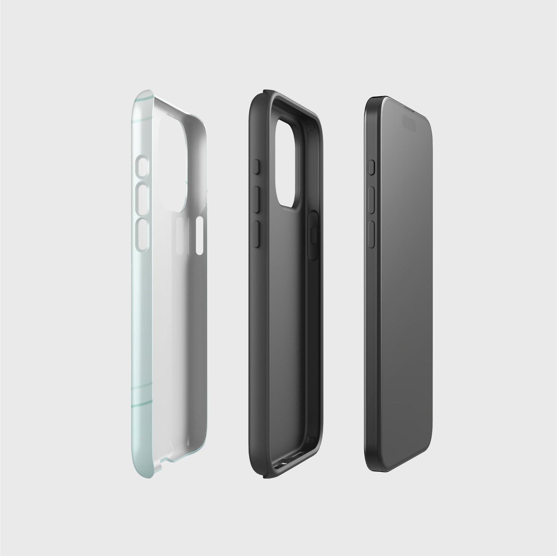 A side picture of the two phone case layers and phone, side by side, showing the base layer that contains the printed design, the thought black layer that gives impact protection and the phone.