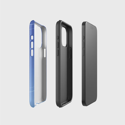 A side picture of the two phone case layers and phone, side by side, showing the base layer that contains the printed design, the thougher black layer that gives impact protection and the phone.