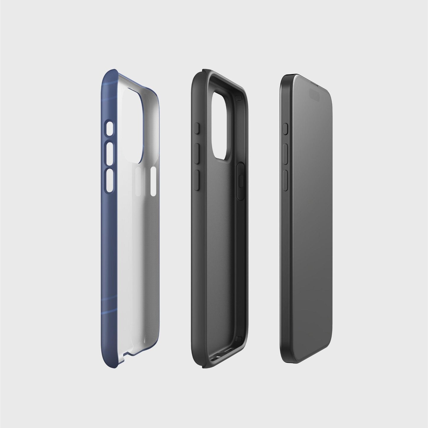 A side picture of the two phone case layers and phone, side by side, showing the base layer that contains the printed design, the thought black layer that gives impact protection and the phone.