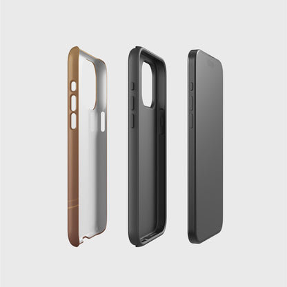 A side picture of the two phone case layers and phone, side by side, showing the base layer that contains the printed design, the thought black layer that gives impact protection and the phone.