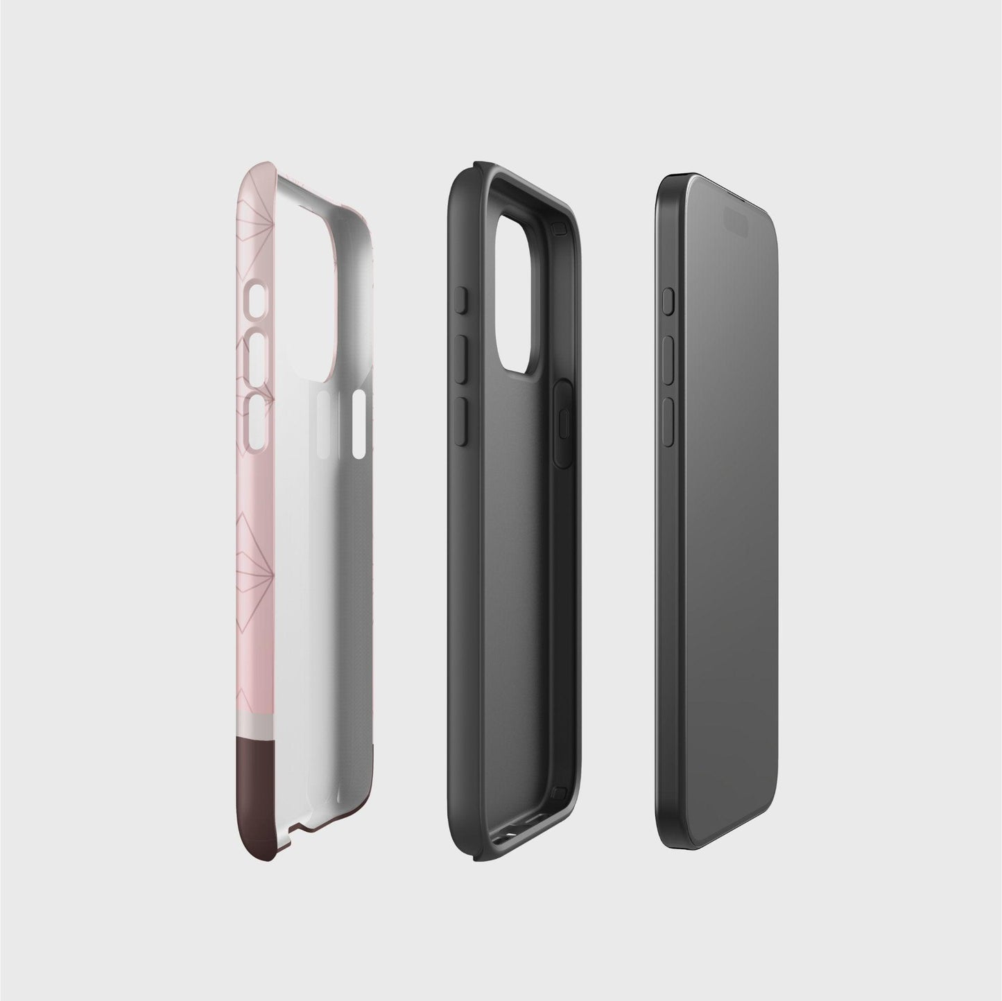 A side picture of the two phone case layers and phone, side by side, showing the base layer that contains the printed design, the thought black layer that gives impact protection and the phone.