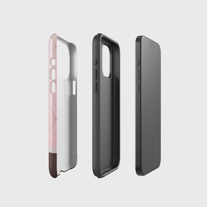 A side picture of the two phone case layers and phone, side by side, showing the base layer that contains the printed design, the thought black layer that gives impact protection and the phone.