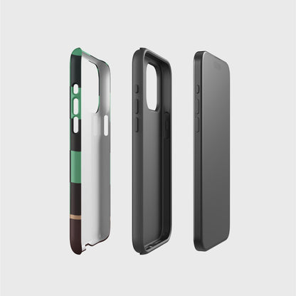 A side picture of the two phone case layers and phone, side by side, showing the base layer that contains the printed design, the thought black layer that gives impact protection and the phone.