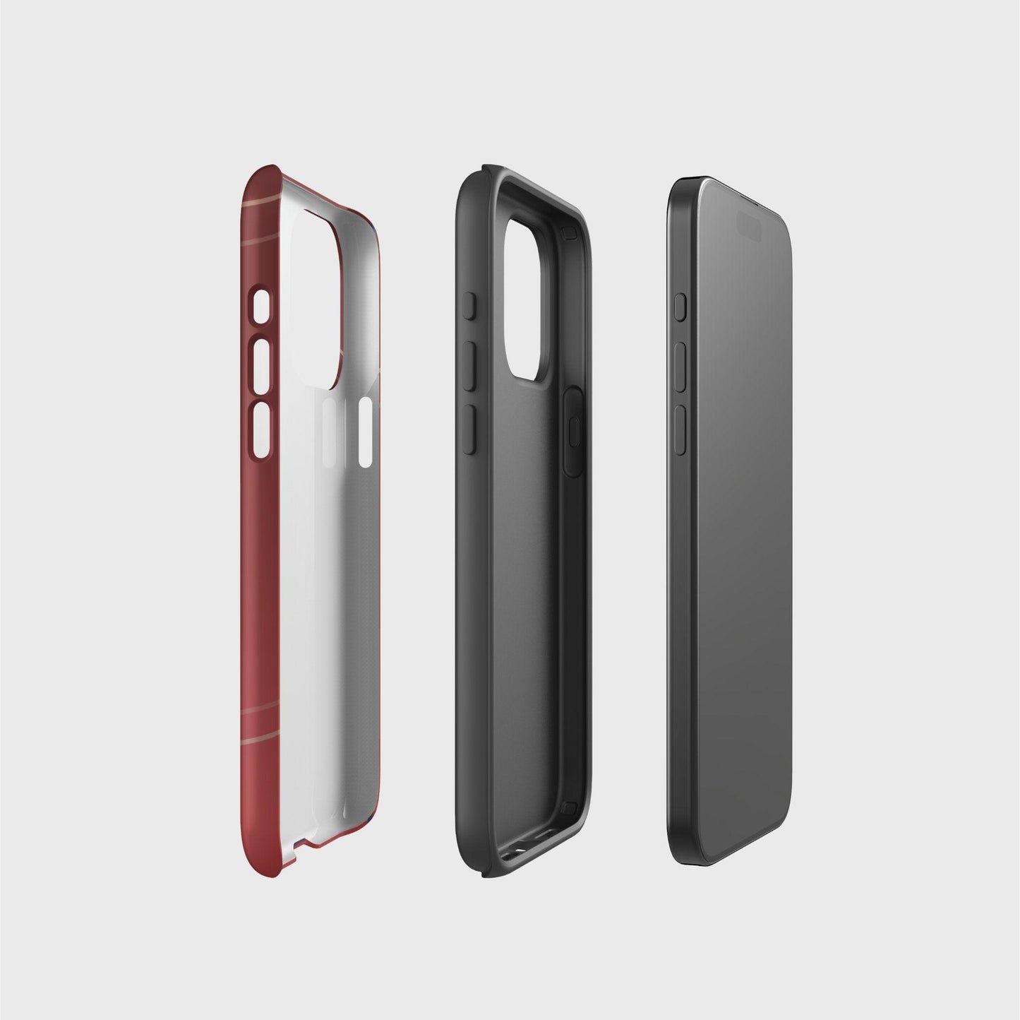 A side picture of the two phone case layers and phone, side by side, showing the base layer that contains the printed design, the thought black layer that gives impact protection and the phone.