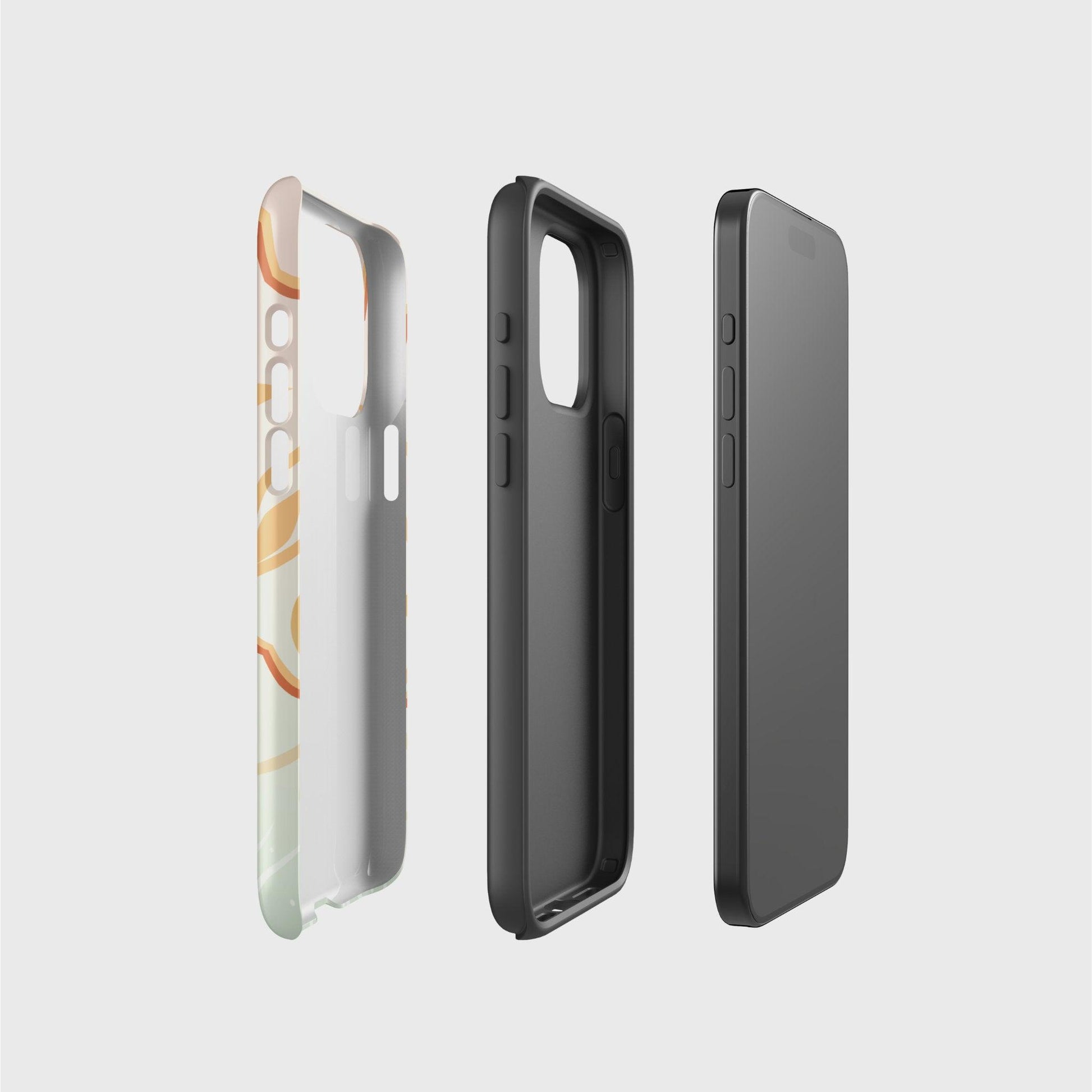 A side picture of the two phone case layers and phone, side by side, showing the tough layer that contains the printed design, the TPU lined layer that gives impact protection and the phone at the end.