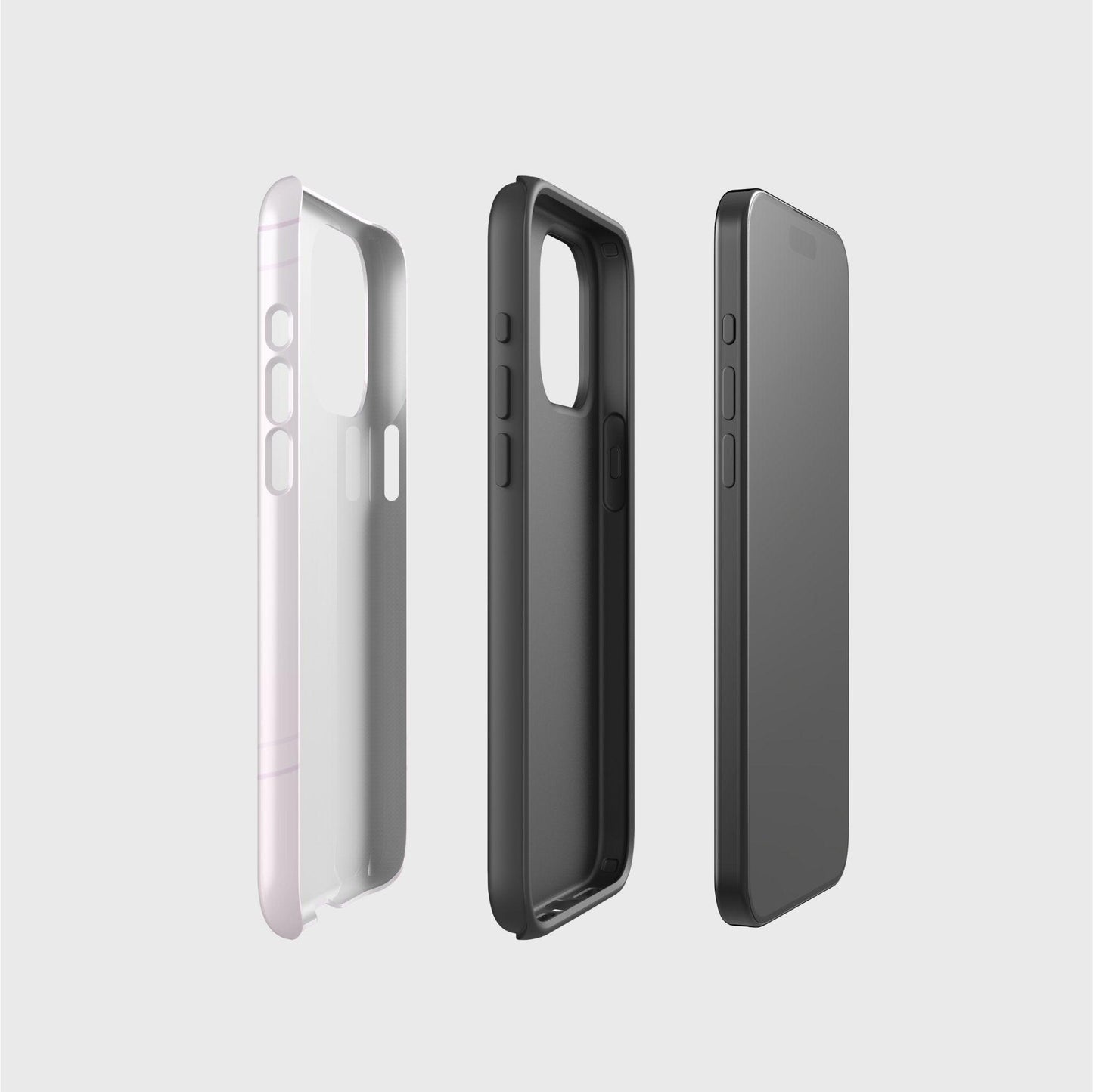 A side picture of the two phone case layers and phone, side by side, showing the base layer that contains the printed design, the thought black layer that gives impact protection and the phone.