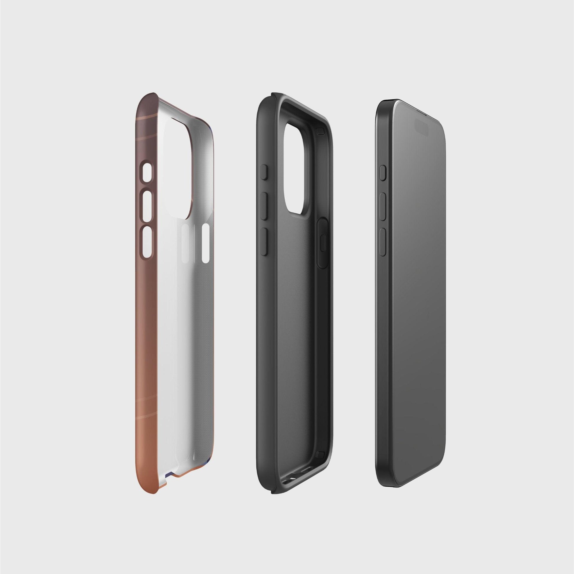 A side picture of the two phone case layers and phone, side by side, showing the base layer that contains the printed design, the thought black layer that gives impact protection and the phone.