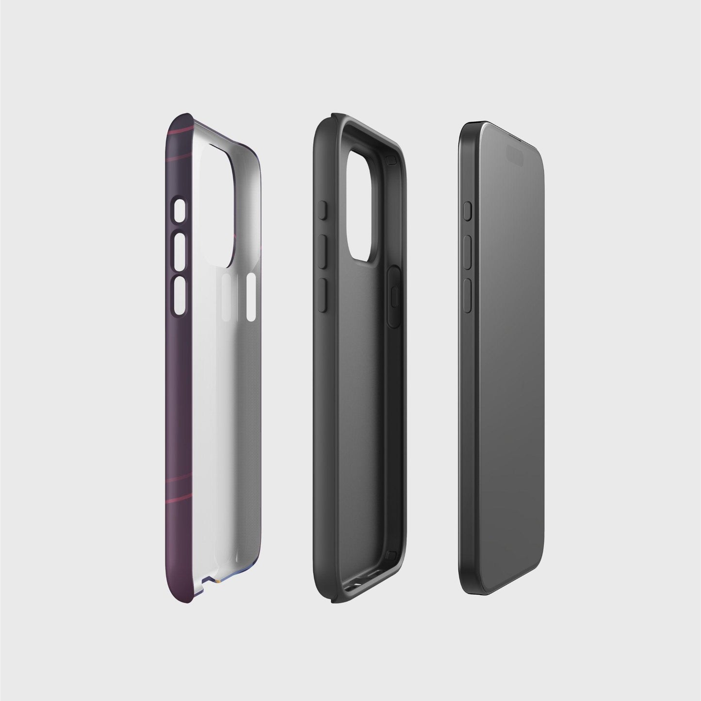 A side picture of the two phone case layers and phone, side by side, showing the base layer that contains the printed design, the thought black layer that gives impact protection and the phone.