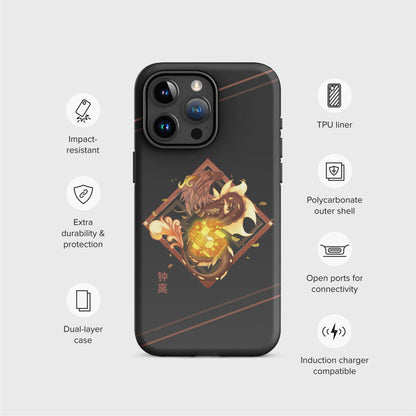 An example of the black case is shown surrounded by icons that represent the features of the product: Impact-resistant, Extra durability and protection, Dual-layer case, TPU Liner, Polycarbonate outer shell, Open ports for connectivity, and Induction charger compatible.