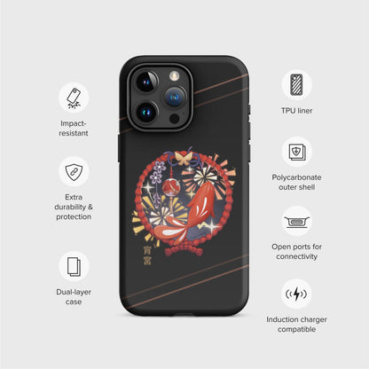 An example of the black case is shown surrounded by icons that represent the features of the product: Impact-resistant, Extra durability and protection, Dual-layer case, TPU Liner, Polycarbonate outer shell, Open ports for connectivity, and Induction charger compatible.