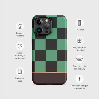 An example of the iPhone case is shown surrounded by icons that represent the features of the product: Impact-resistant, Extra durability and protection, Dual-layer case, TPU Liner, Polycarbonate outer shell, Open ports for connectivity, and Induction charger compatible.