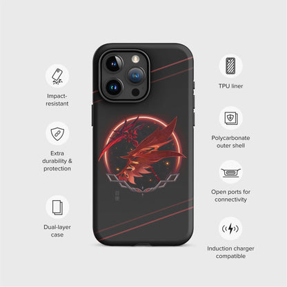 You can see the black design facing forward surrounded by the different features that you get with the case: Impact resistant; Extra durability & protection; Dual-layer case; TPU liner; Polycarbonate outer shell; Open Ports for connectivity; and Induction charger compatibility.