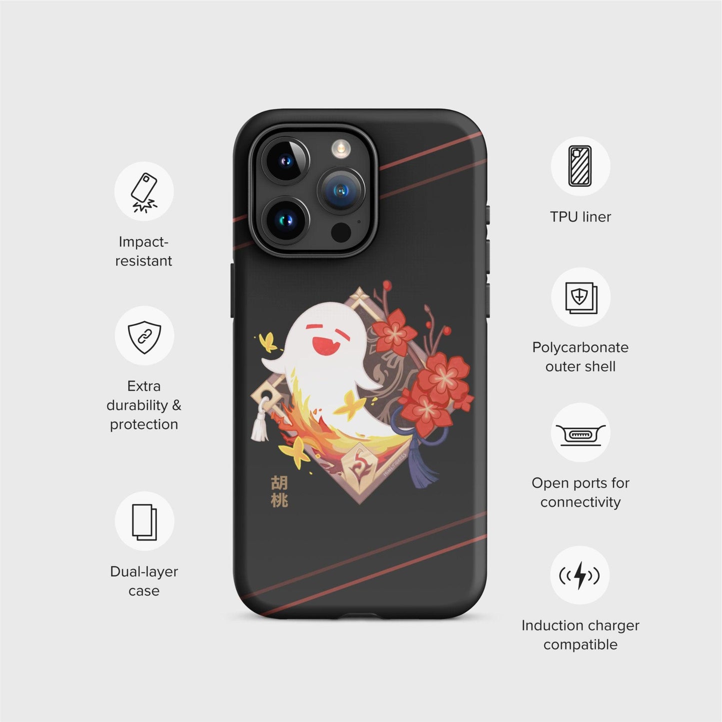 An example of the black case is shown surrounded by icons that represent the features of the product: Impact-resistant, Extra durability and protection, Dual-layer case, TPU Liner, Polycarbonate outer shell, Open ports for connectivity, and Induction charger compatible.