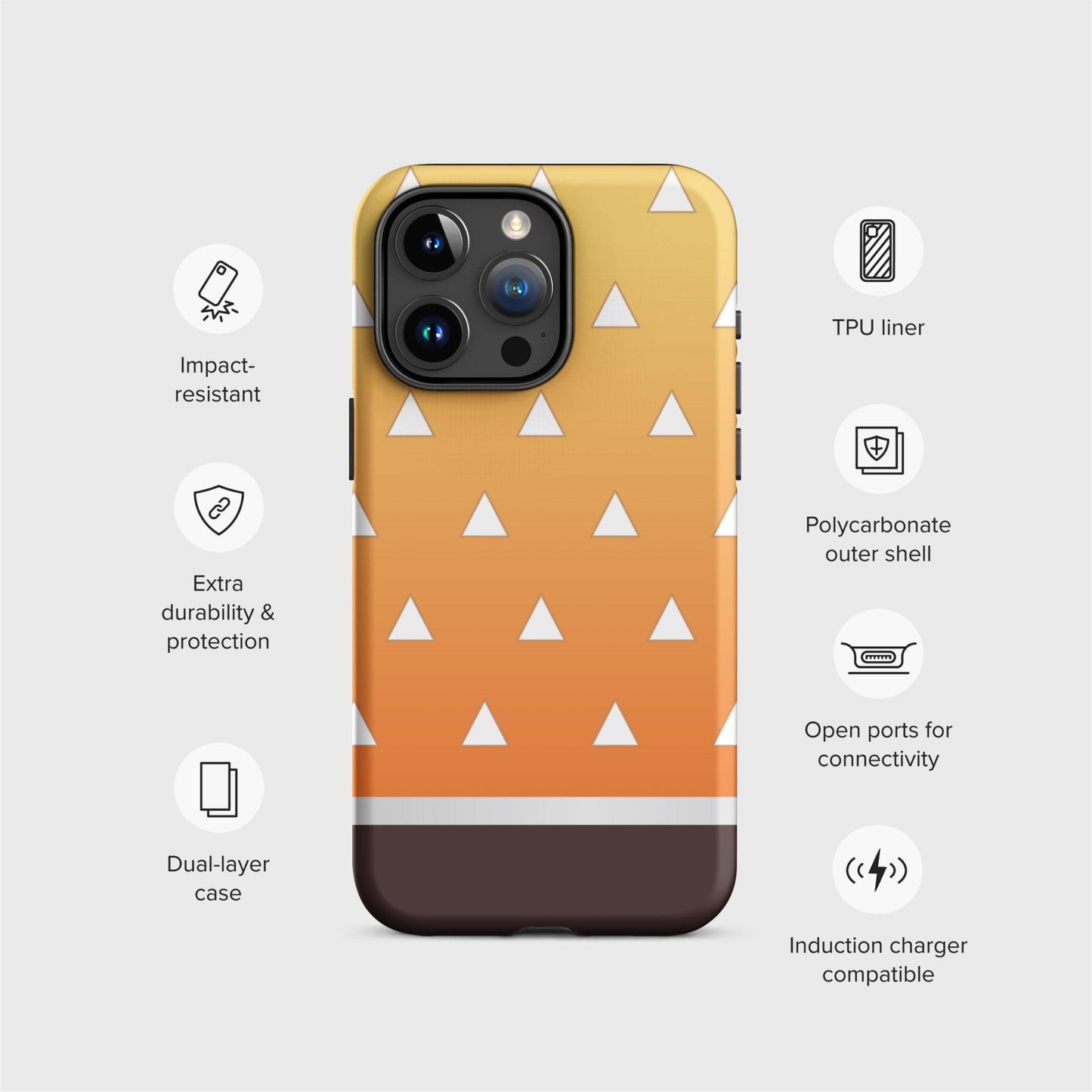 An example of the iPhone case is shown surrounded by icons that represent the features of the product: Impact-resistant, Extra durability and protection, Dual-layer case, TPU Liner, Polycarbonate outer shell, Open ports for connectivity, and Induction charger compatible.