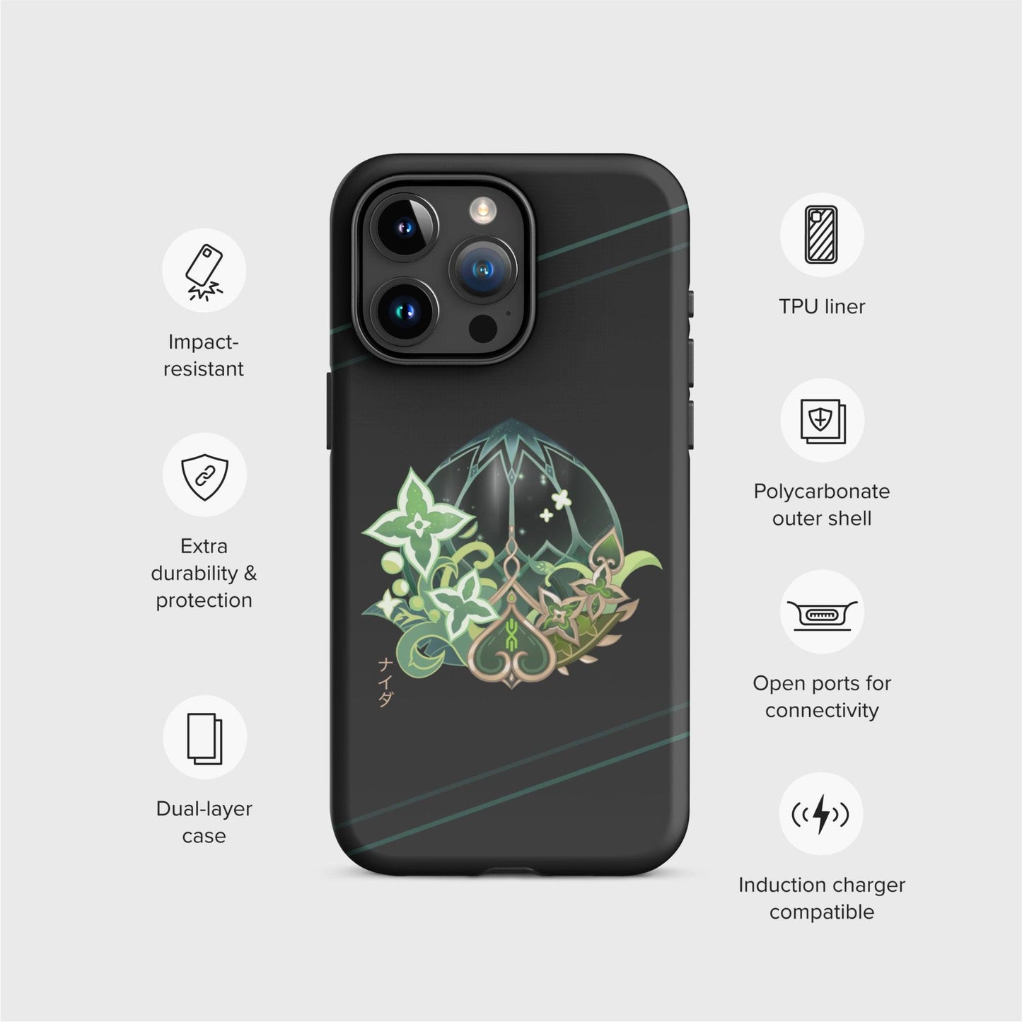 An example of the black case is shown surrounded by icons that represent the features of the product: Impact-resistant, Extra durability and protection, Dual-layer case, TPU Liner, Polycarbonate outer shell, Open ports for connectivity, and Induction charger compatible.