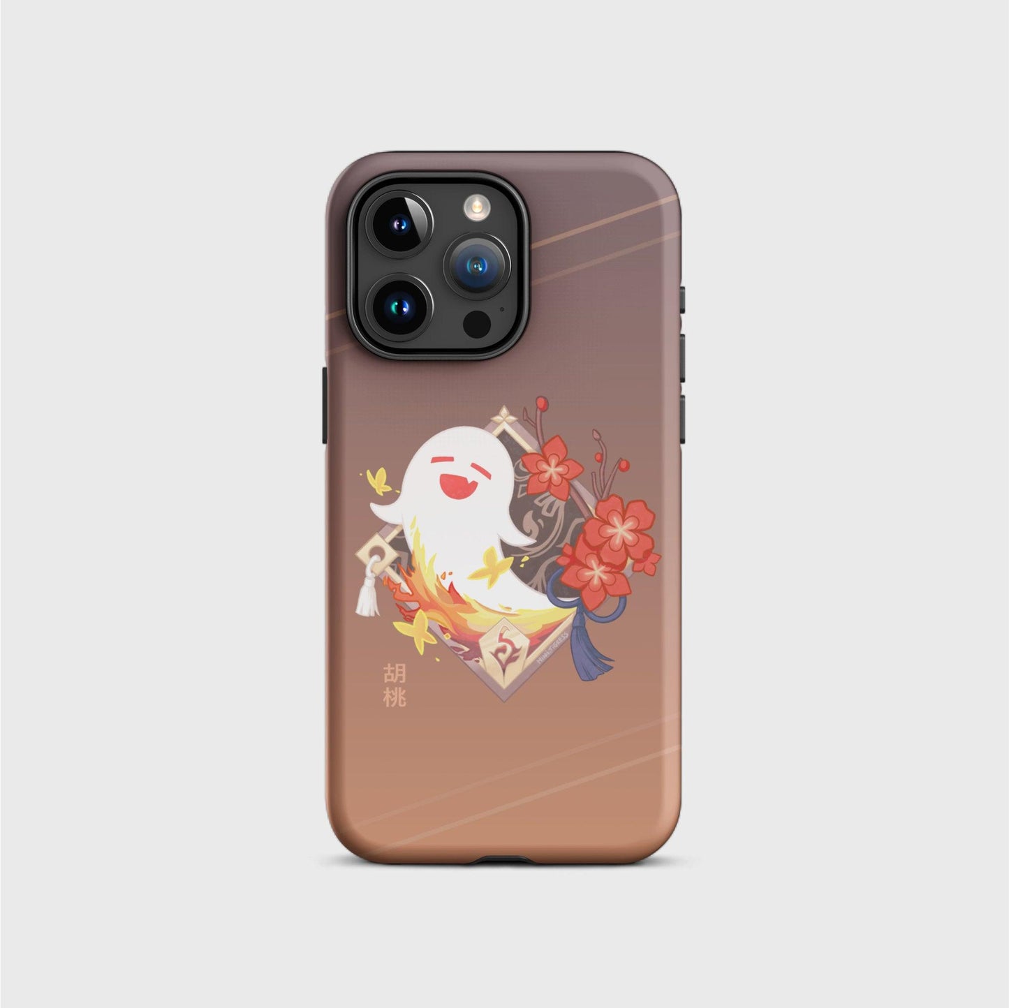 An iPhone tough case with a brown gradient going from darker on the top to brighter on the bottom, featuring a diamond shaped design with Hu tao's friendly ghost coming out of flames. Yellow butterflies and red flowers surround the gold frame. Her name shows in gold Chinese characters at the bottom left of the design.